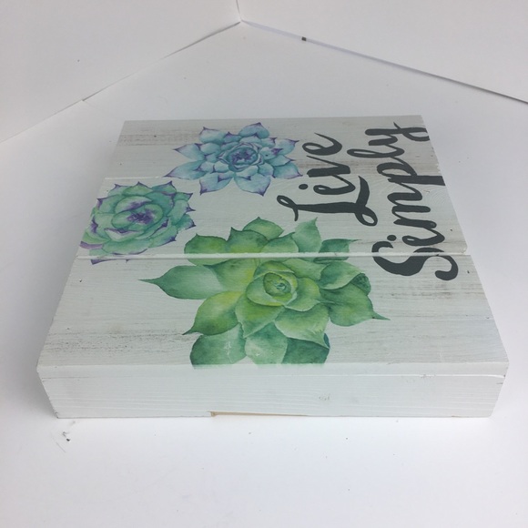 Live Simply Script on Wooden Box Frame Green Blue Succulents Zen 10x10x2 - Picture 9 of 10
